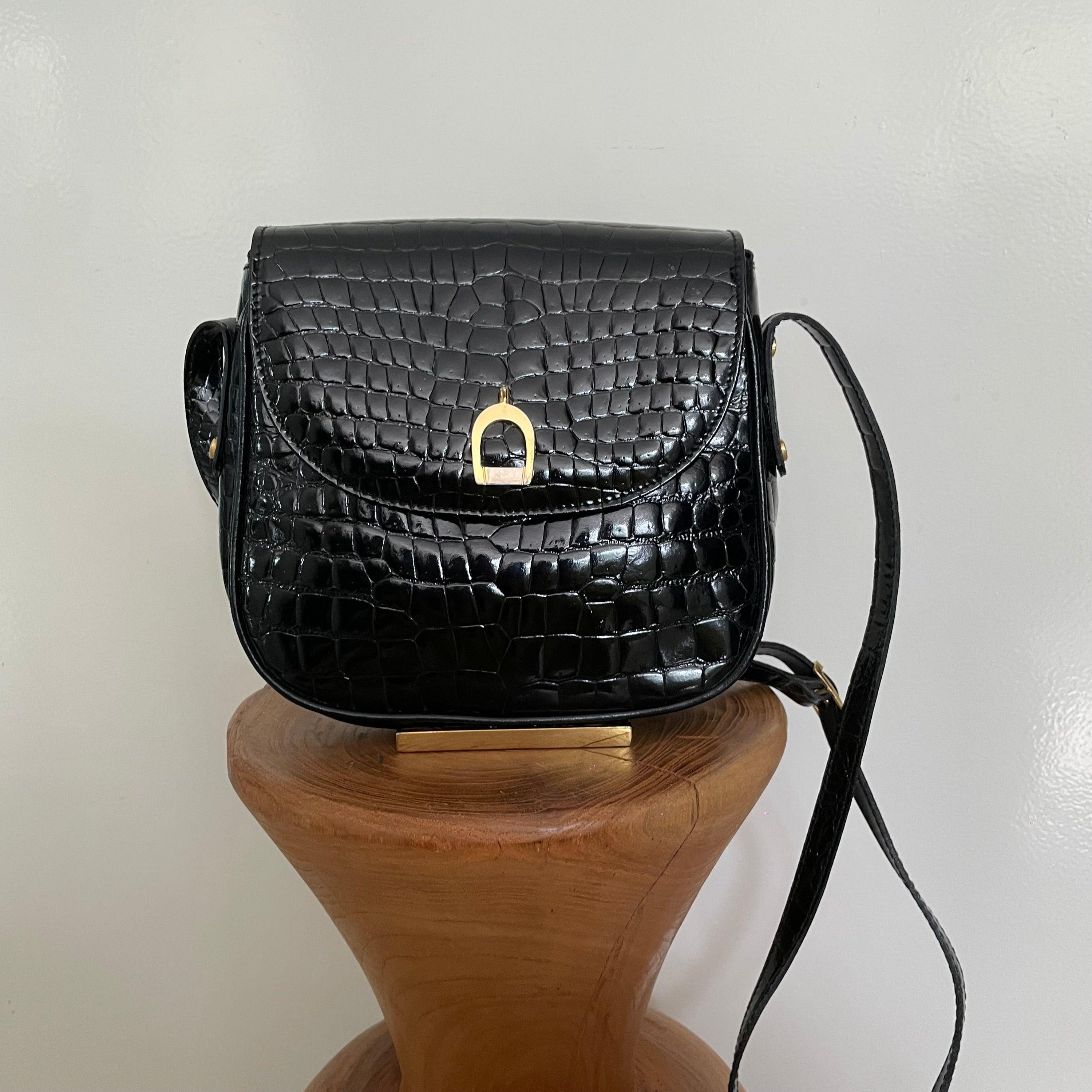 Vintage 1980s Black Patent Embossed leather bag from Italy - WŪHAŪS