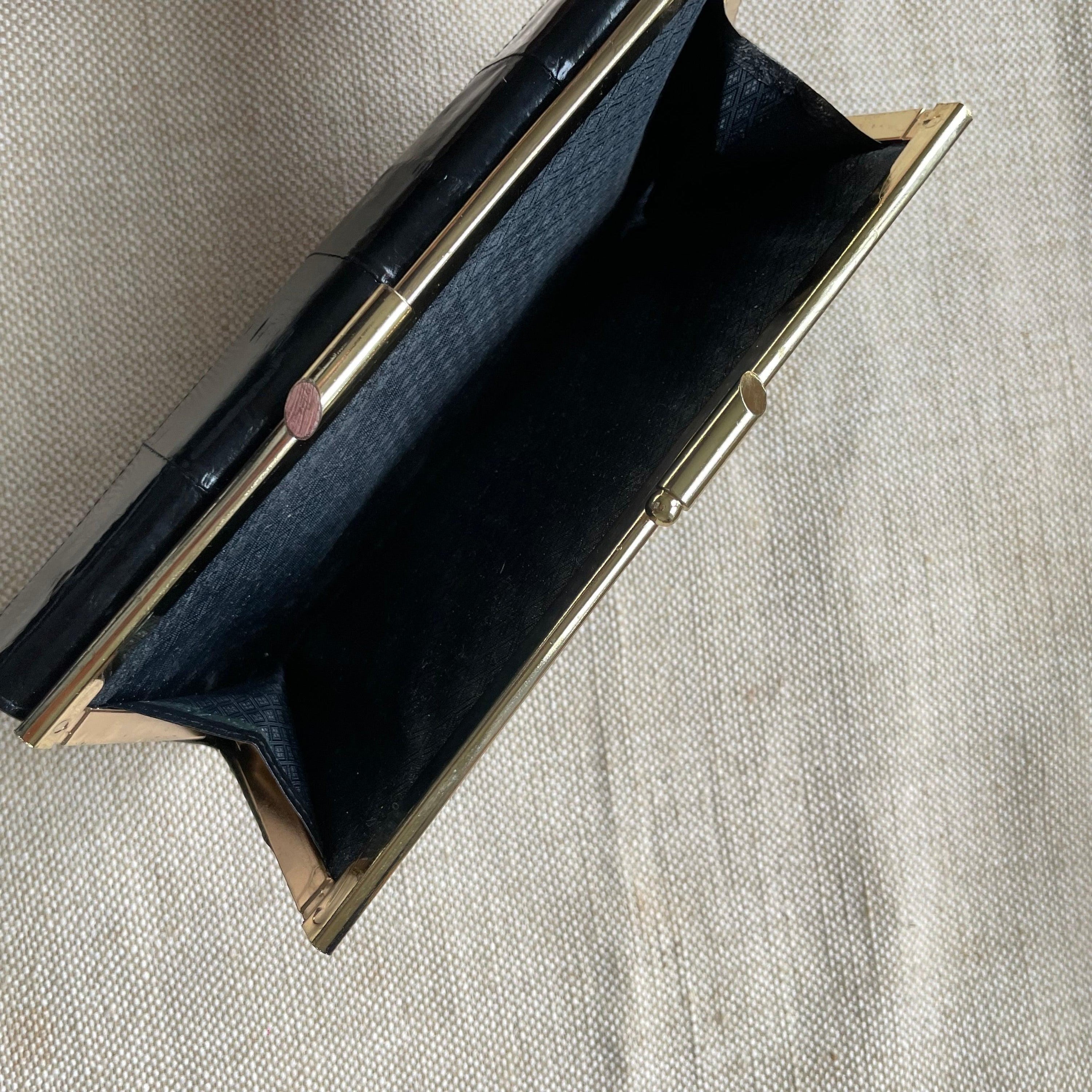 Vintage 80s Black Eel Leather Wallet with a Unique Gold Clasp - WŪHAŪS